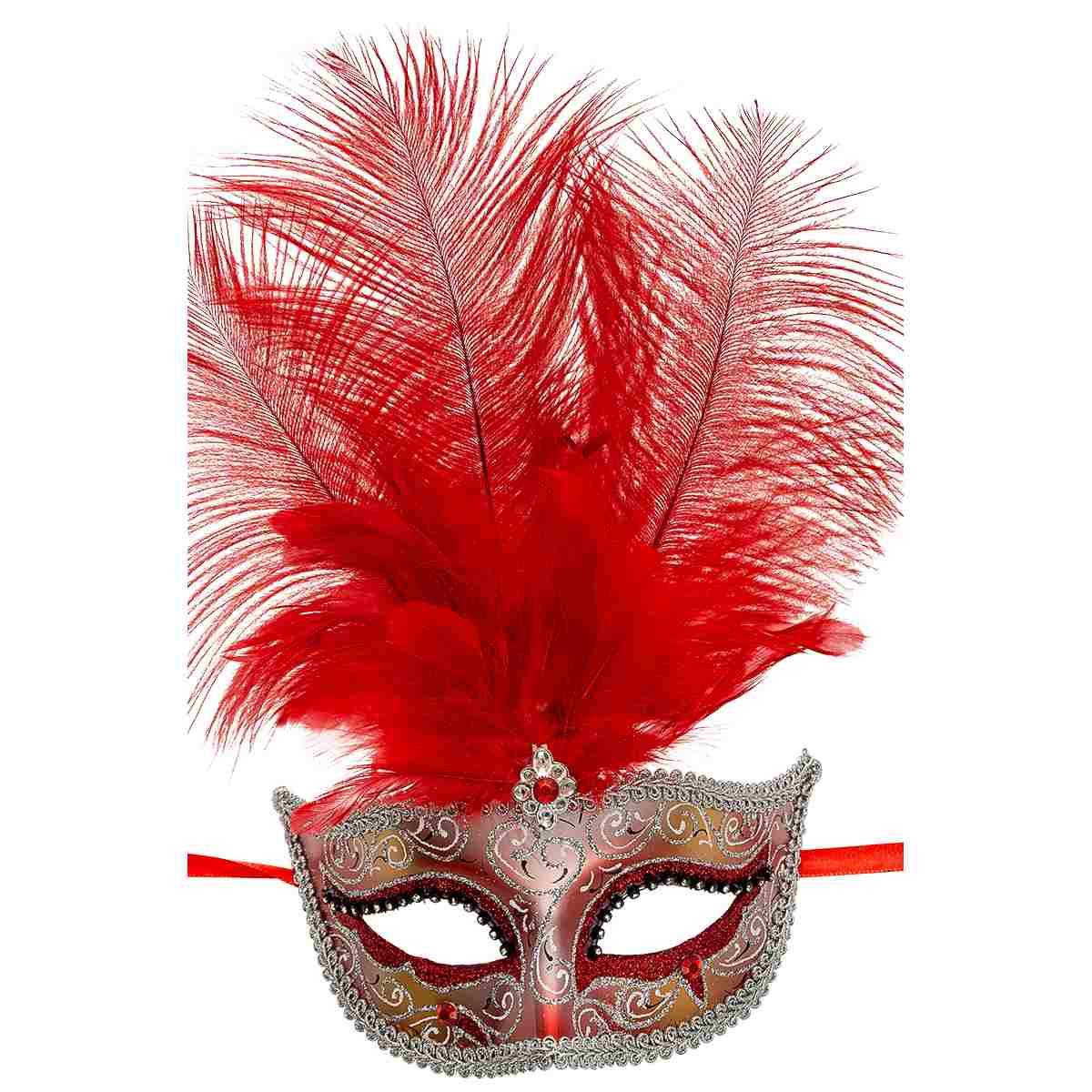 Maschera viso oro pioume rosse