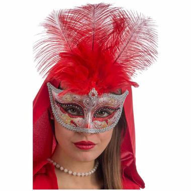 Maschera viso oro pioume rosse
