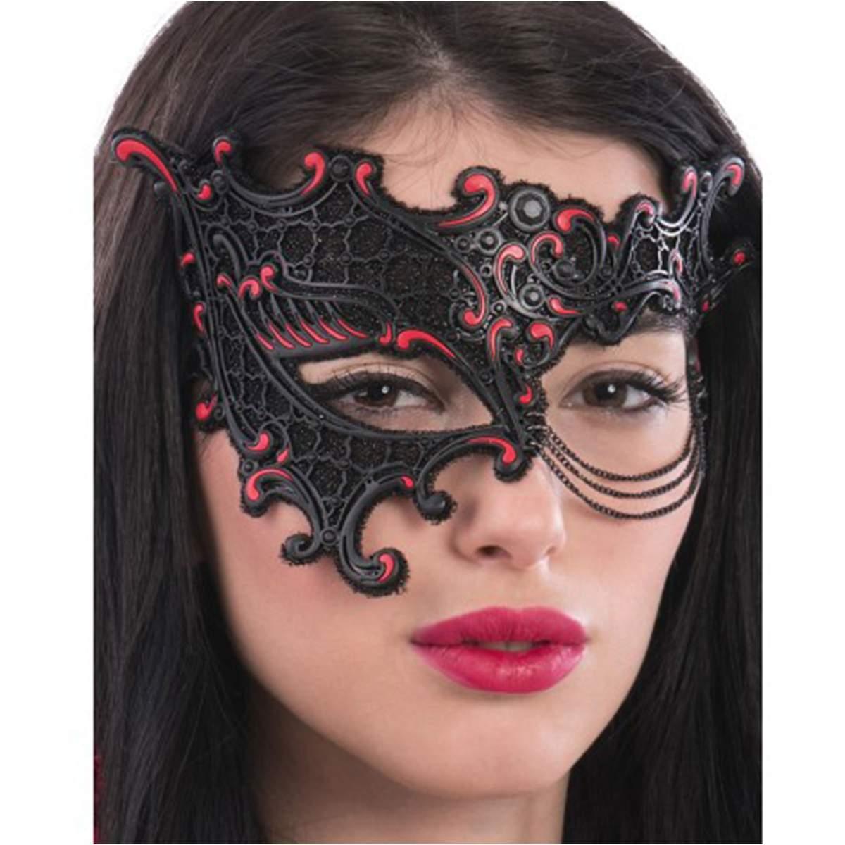Maschera viso pvc nera rossa catenella