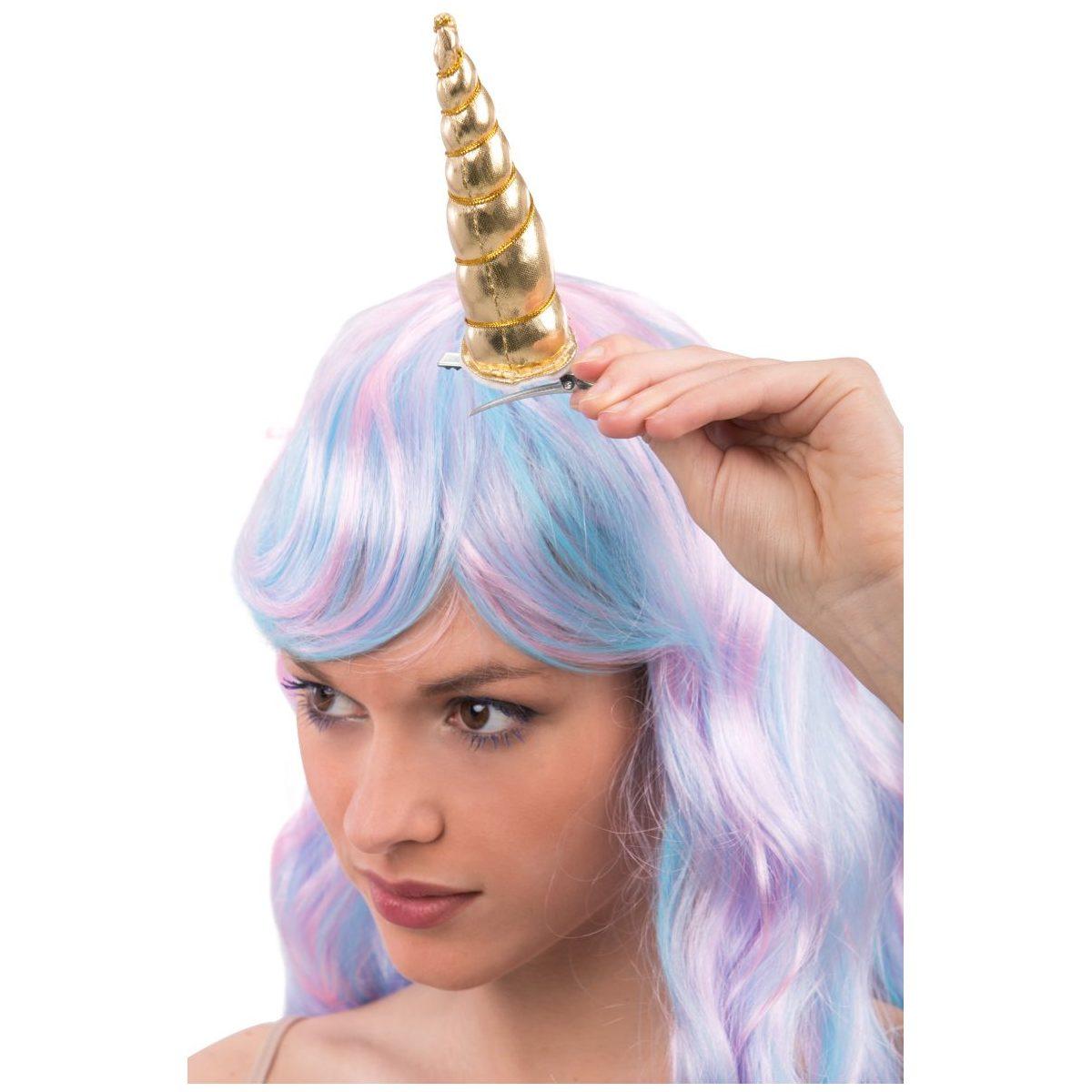 Parrucca unicorno azzurra mossa frangia corno