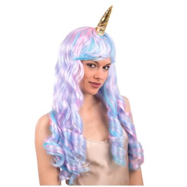 Parrucca unicorno azzurra mossa frangia corno