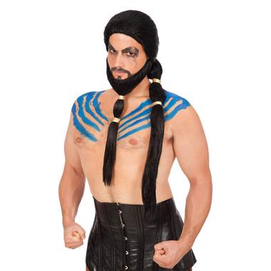 Parrucca guerriero nera codino barba