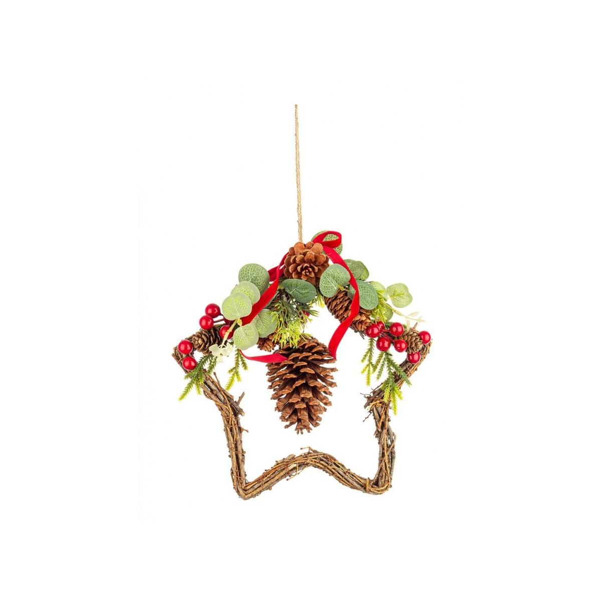 Fuori porta natalizio stella legno pigne bacche 28 cm