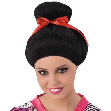 Parrucca geisha capelli neri lisci fiocco rosso