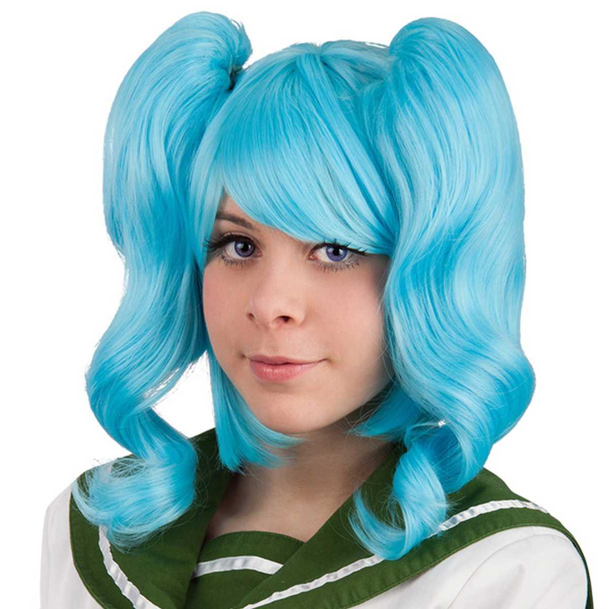 Parrucca azzurra liscia codini frangia