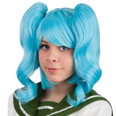 Parrucca azzurra liscia codini frangia