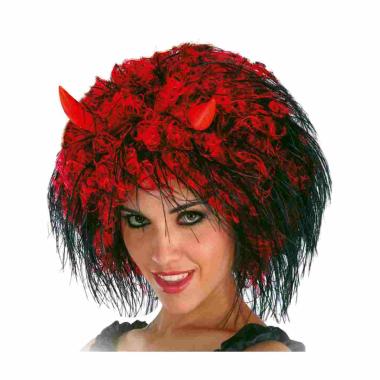 Parrucca nera rossa diavolo riccia corna