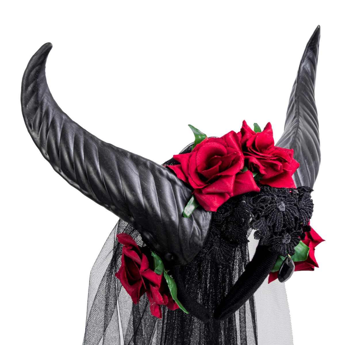 Cerchietto corna rose velo nero