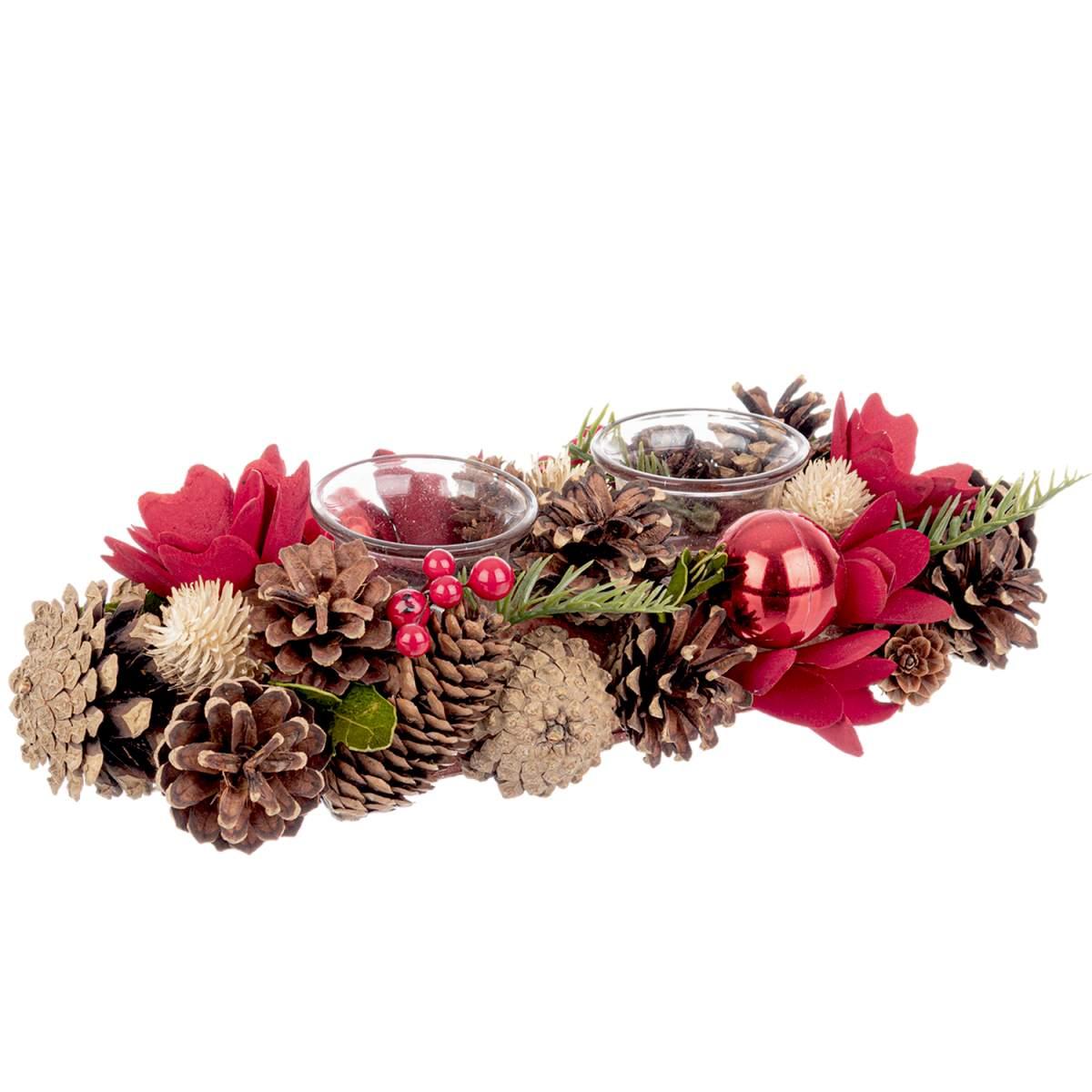 Porta candela natalizio bacche fiori pigne 32 x 15 x 9 cm