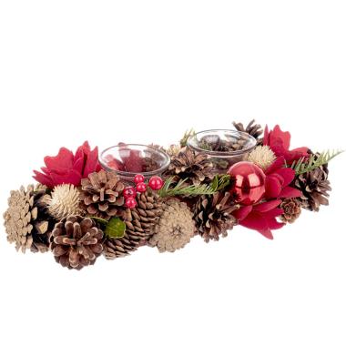 Porta candela natalizio bacche fiori pigne 32 x 15 x 9 cm