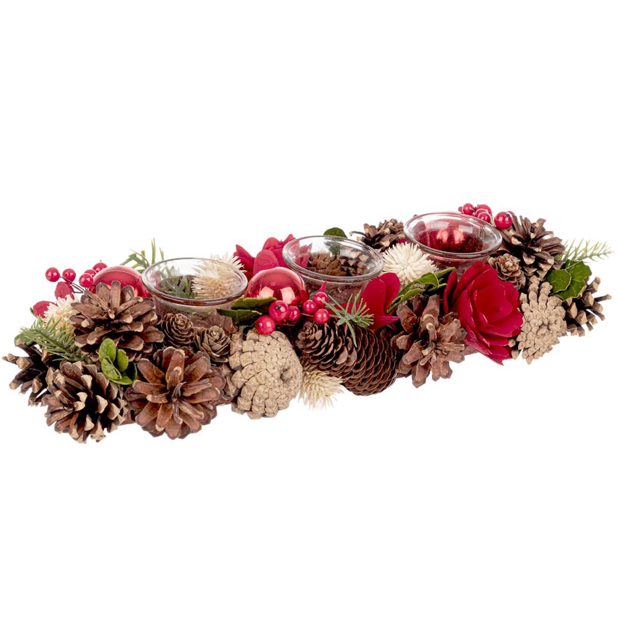 Porta candela natalizio bacche fiori pigne 38 x 15 x 9 cm