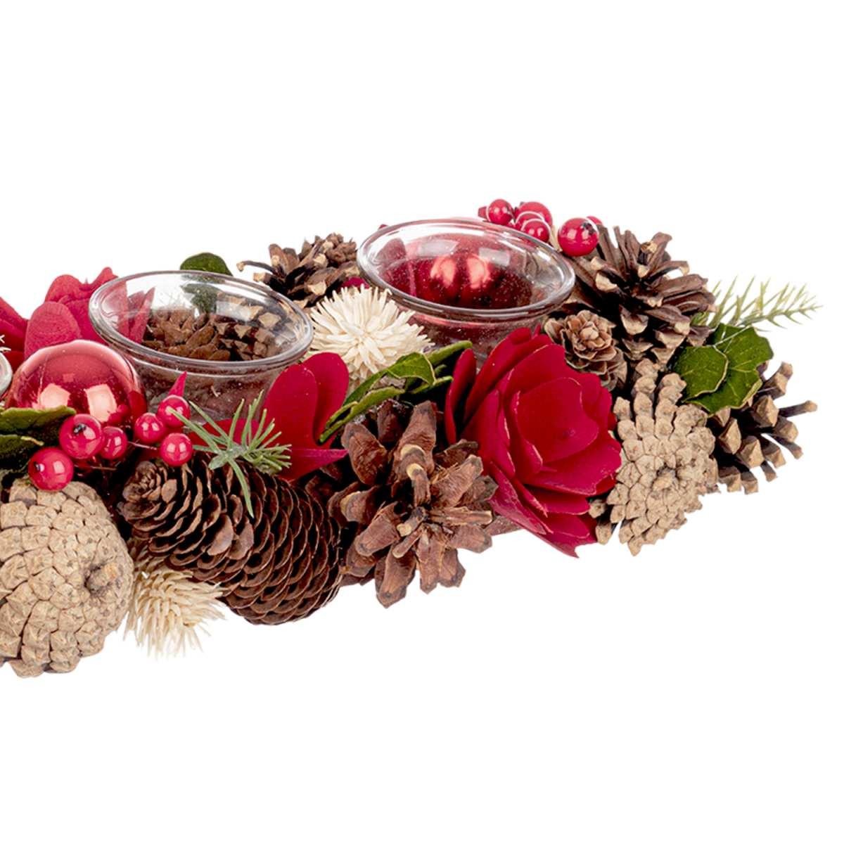 Porta candela natalizio bacche fiori pigne 38 x 15 x 9 cm