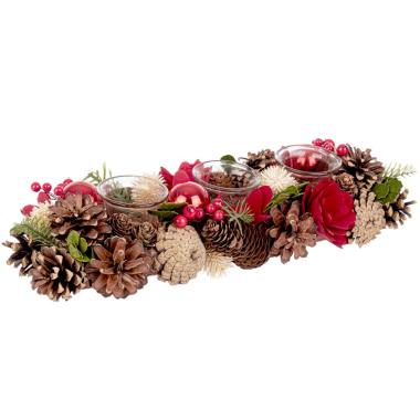 Porta candela natalizio bacche fiori pigne 38 x 15 x 9 cm