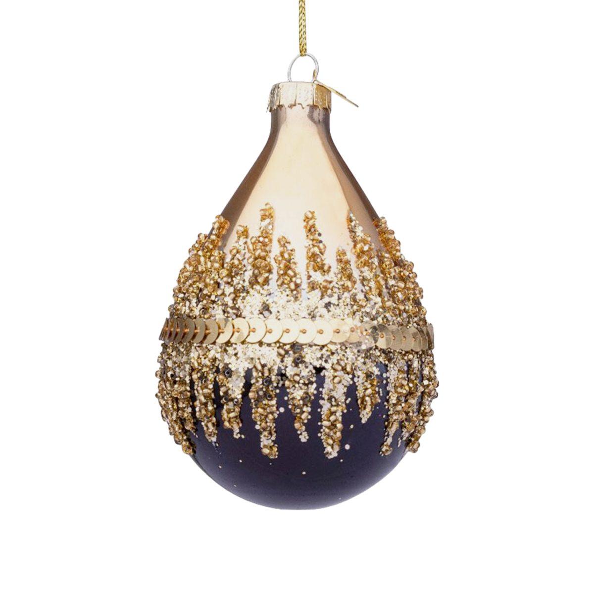 Pallina natalizia vetro goccia nera oro glitter 10 cm