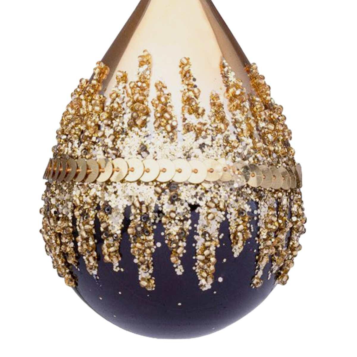 Pallina natalizia vetro goccia nera oro glitter 10 cm