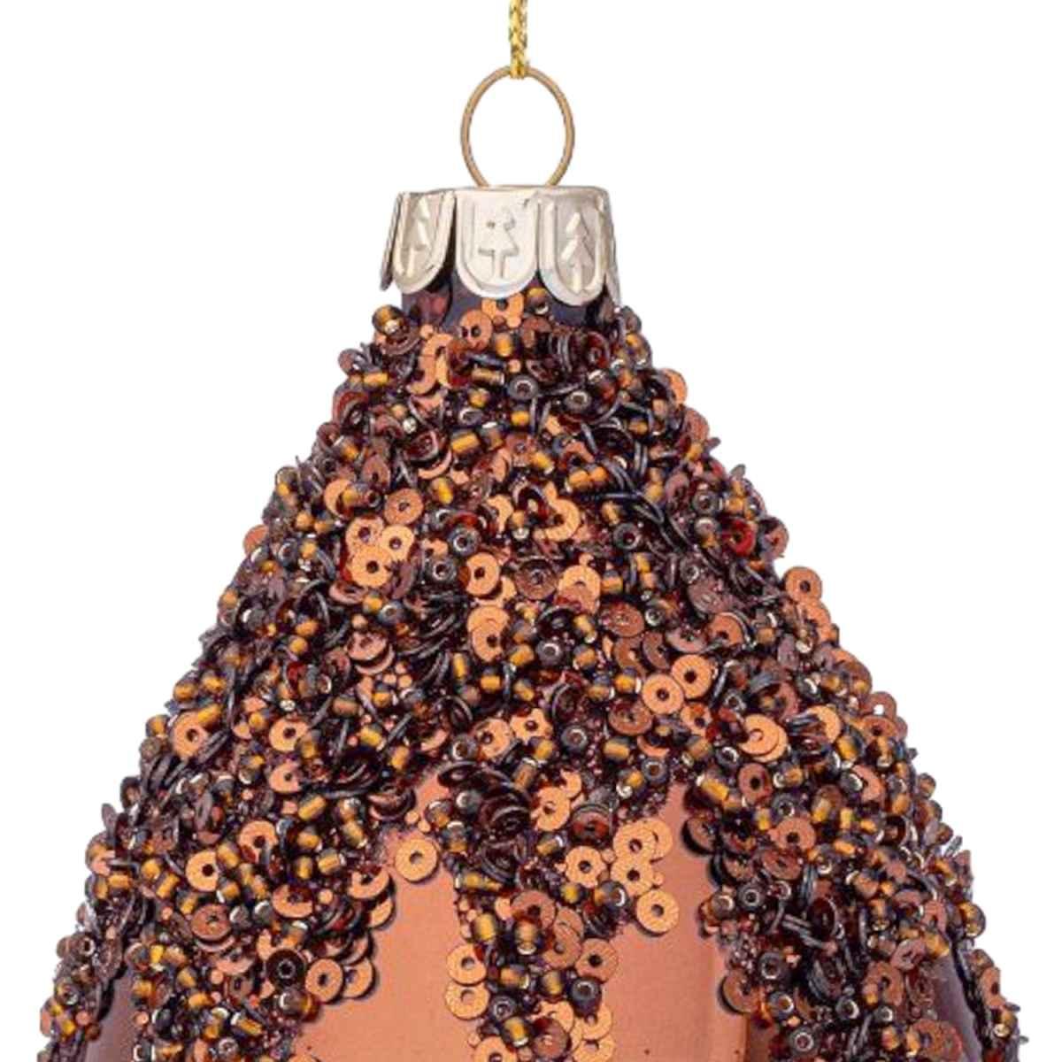 Pallina natalizia vetro goccia bronzo paillettes 10 cm