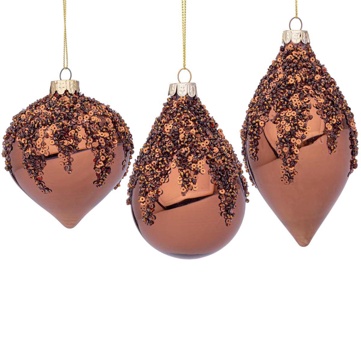 Pallina natalizia vetro goccia bronzo paillettes 10 cm