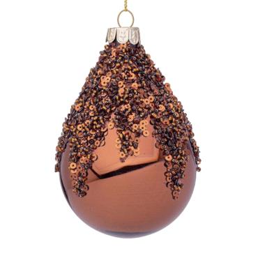 Pallina natalizia vetro goccia bronzo paillettes 10 cm