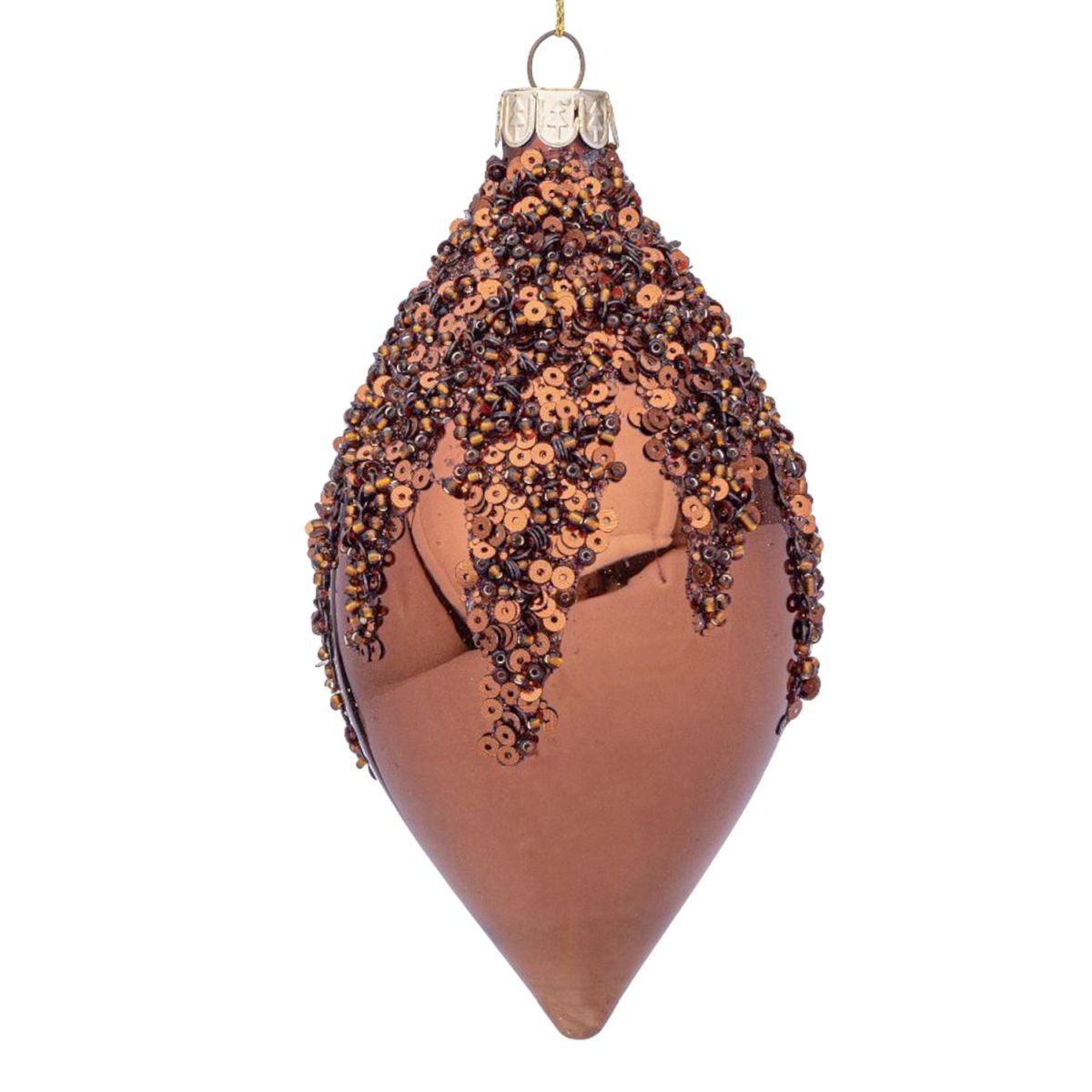 Pallina natalizia vetro goccia bronzo paillettes 13 cm