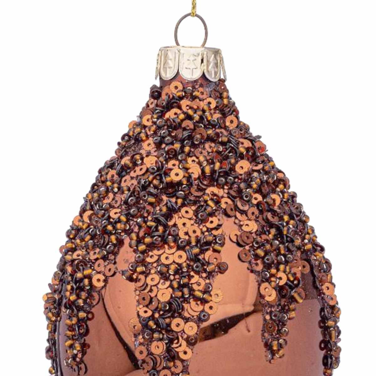 Pallina natalizia vetro goccia bronzo paillettes 13 cm