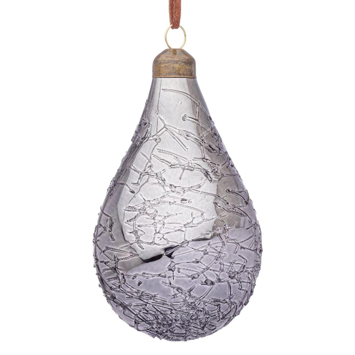 Pallina natalizia vetro goccia argento glaciale 10 cm