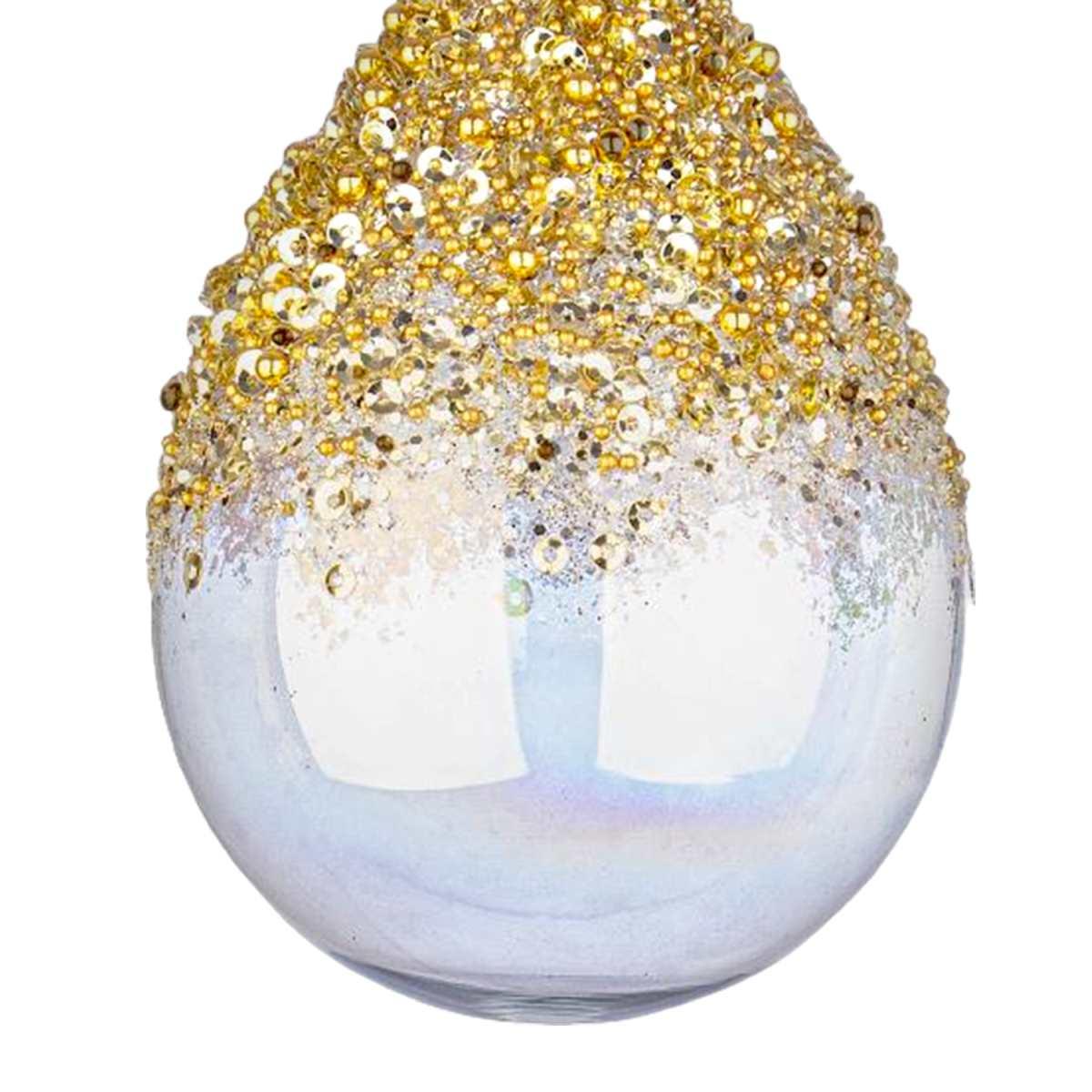 Pallina natalizia vetro goccia iridescente strass oro 10 cm