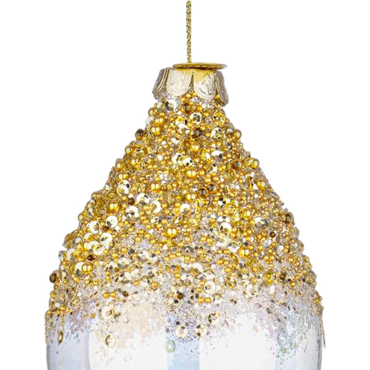 Pallina natalizia vetro goccia iridescente strass oro 10 cm