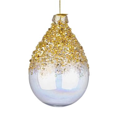 Pallina natalizia vetro goccia iridescente strass oro 10 cm