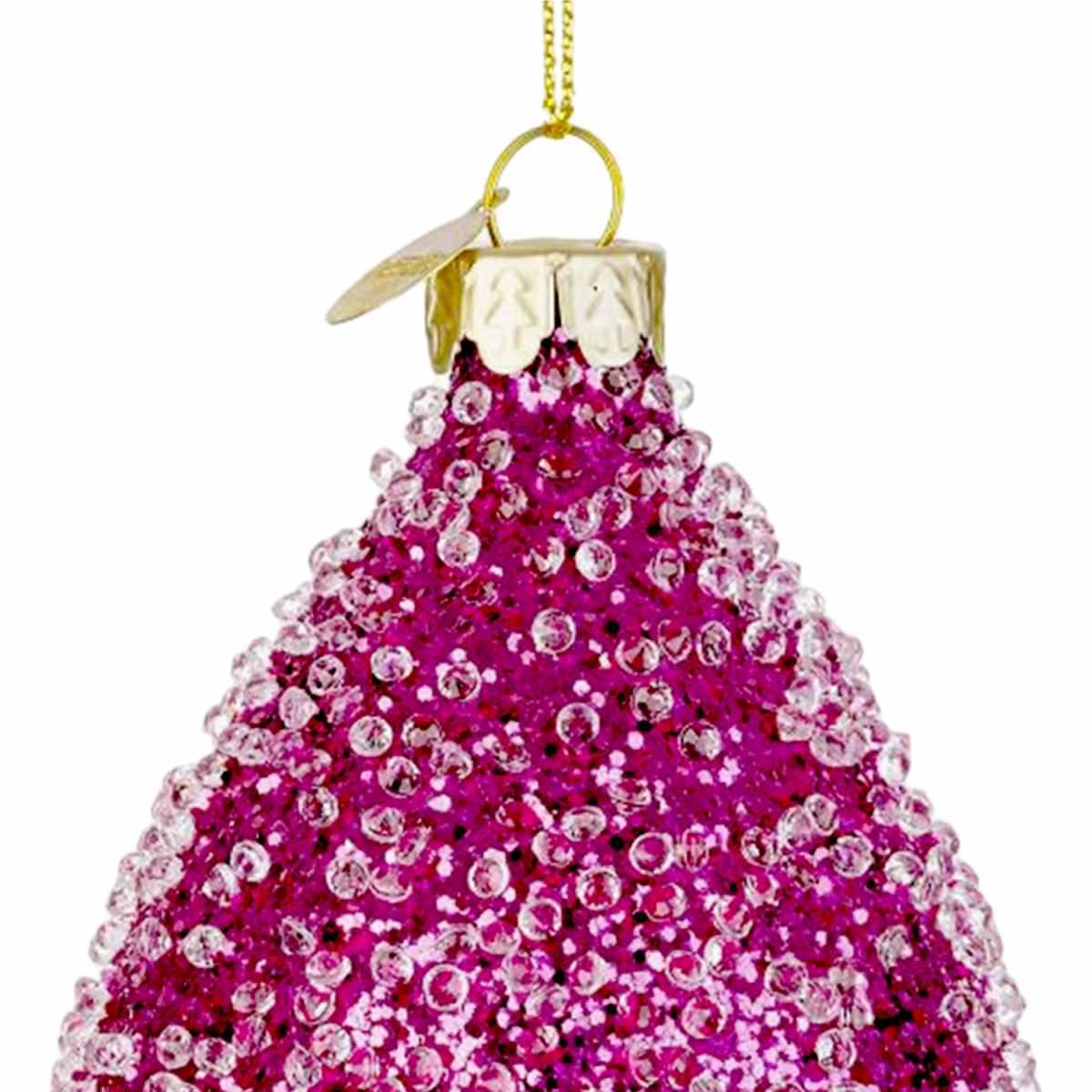 Pallina natalizia vetro goccia rosa fucsia glitter 10 cm