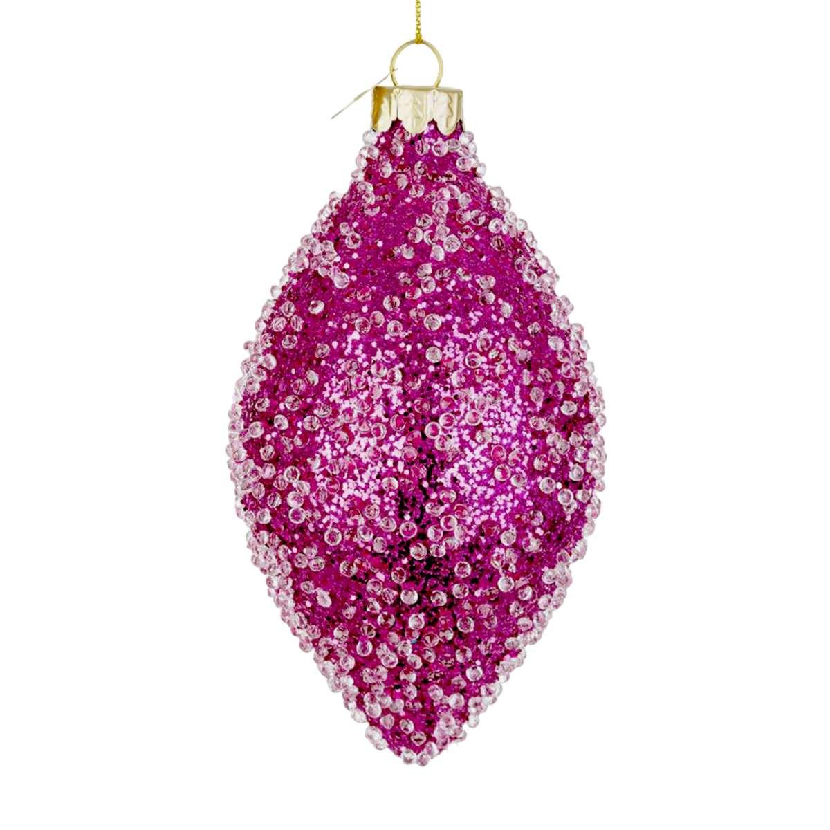 Pallina natalizia vetro goccia rosa fucsia glitter 13 cm