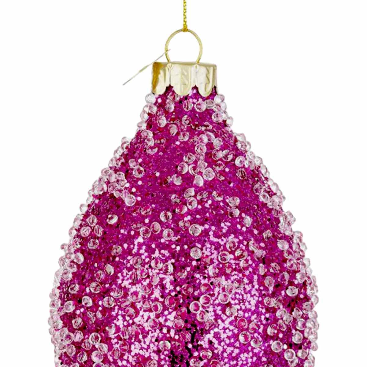 Pallina natalizia vetro goccia rosa fucsia glitter 13 cm