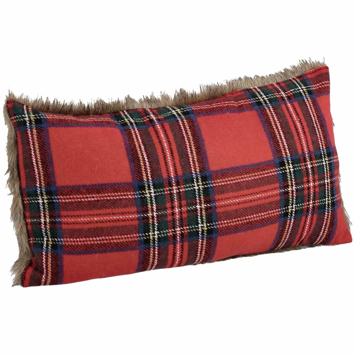Cuscino arredo in tessuto natale tartan rosso pelliccetta 40 x 60 cm