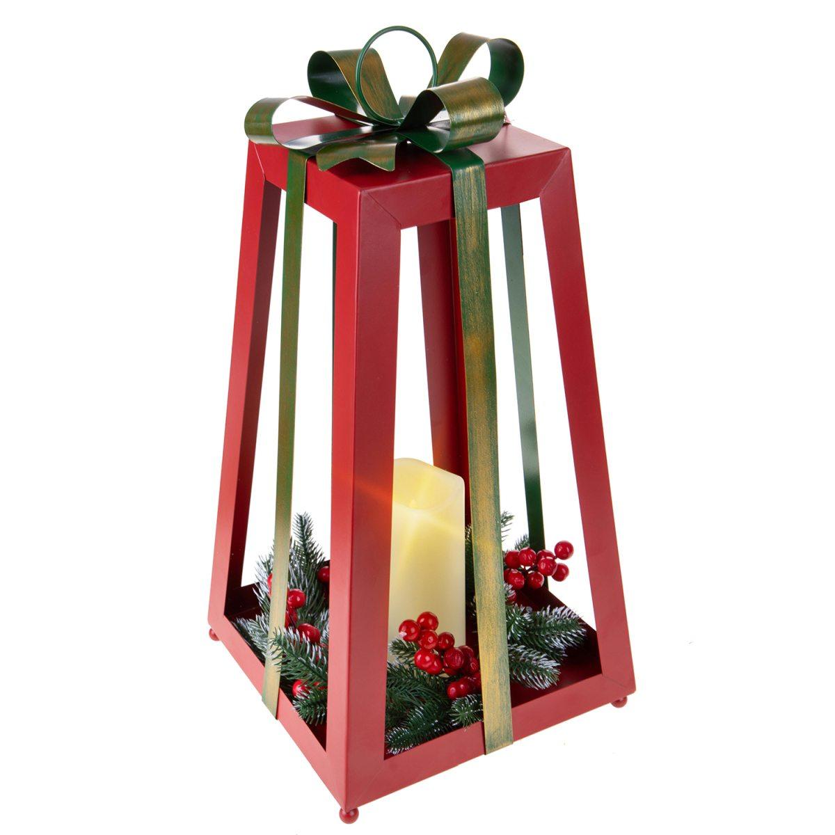 Lanterna metallo rossa candela fiocco Ø 25 cm