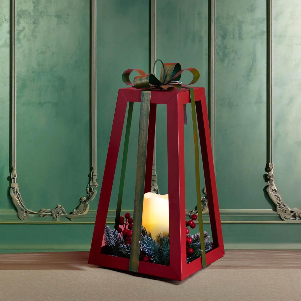 Lanterna metallo rossa candela fiocco Ø 25 cm