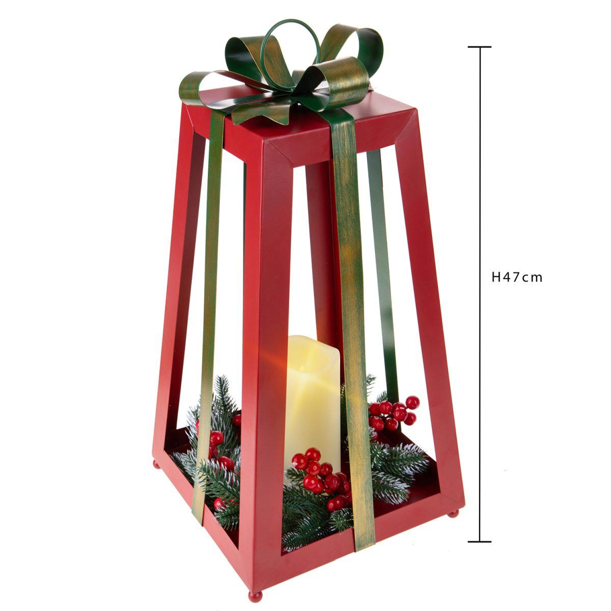 Lanterna metallo rossa candela fiocco Ø 25 cm
