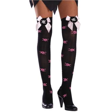 Collant autoreggenti nere teschi fiocchi rosa