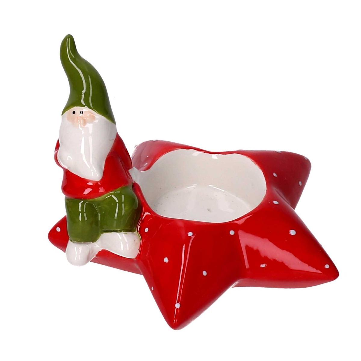 Porta candela natalizio stella ceramica rosso gnomo 11 cm