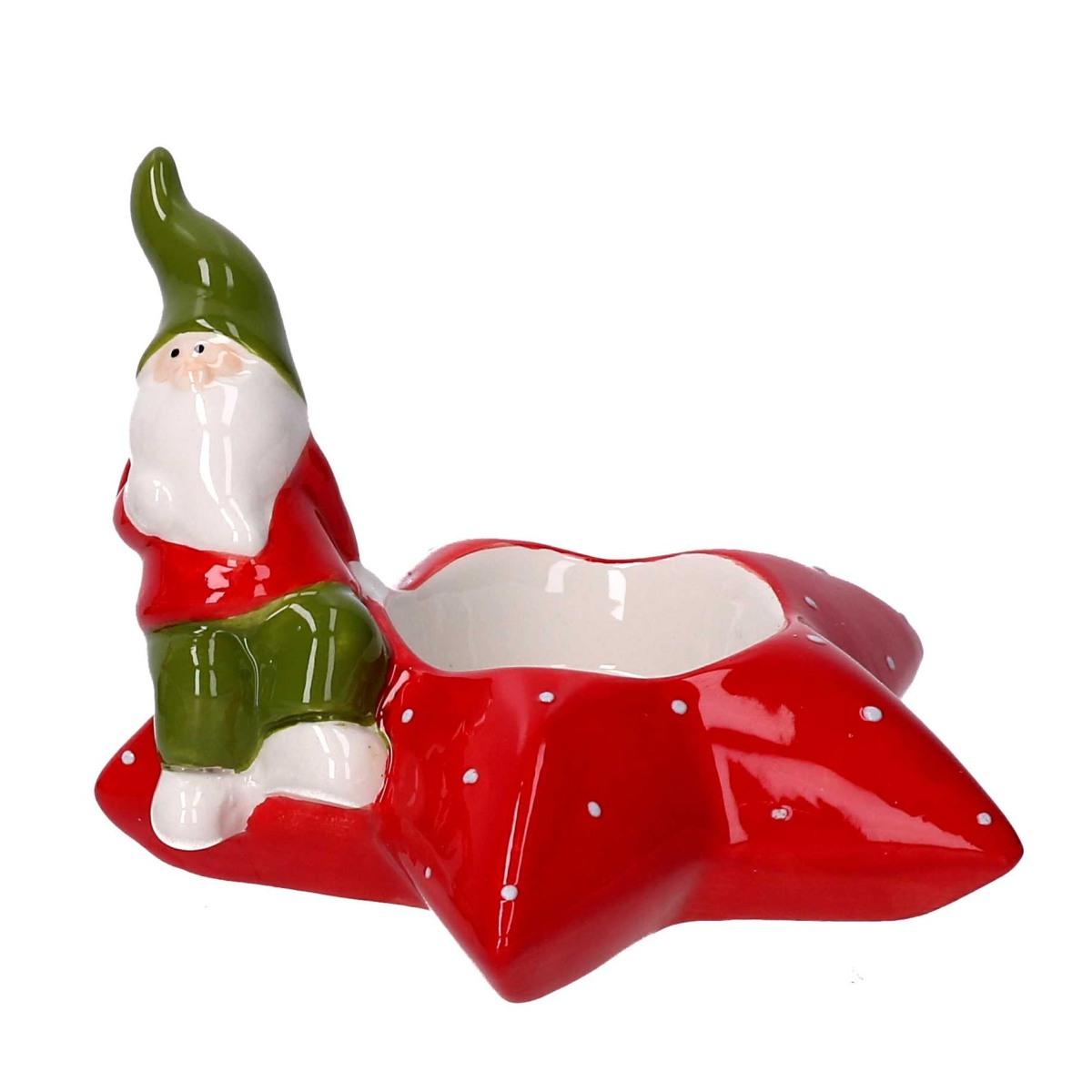 Porta candela natalizio stella ceramica rosso gnomo 11 cm