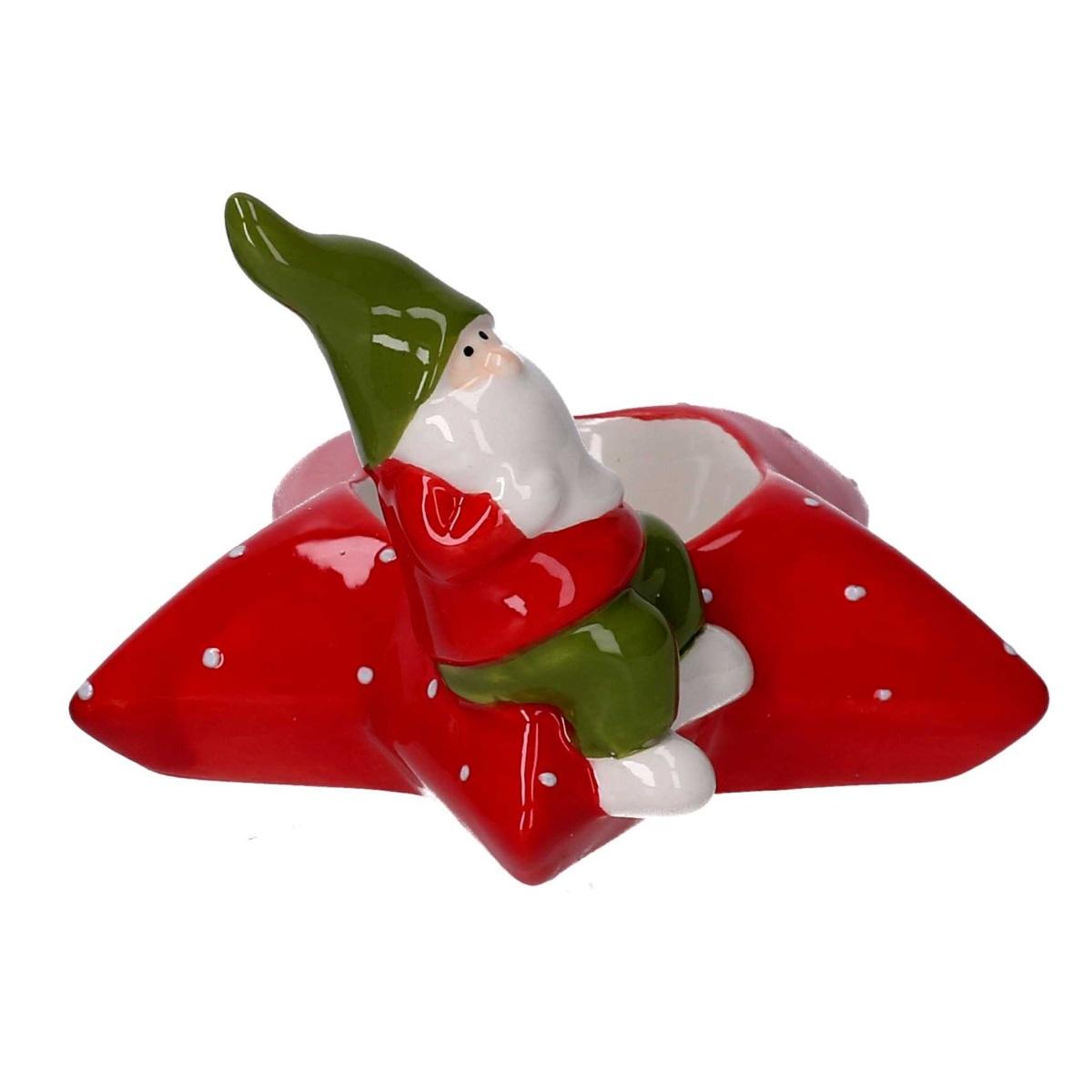 Porta candela natalizio stella ceramica rosso gnomo 11 cm