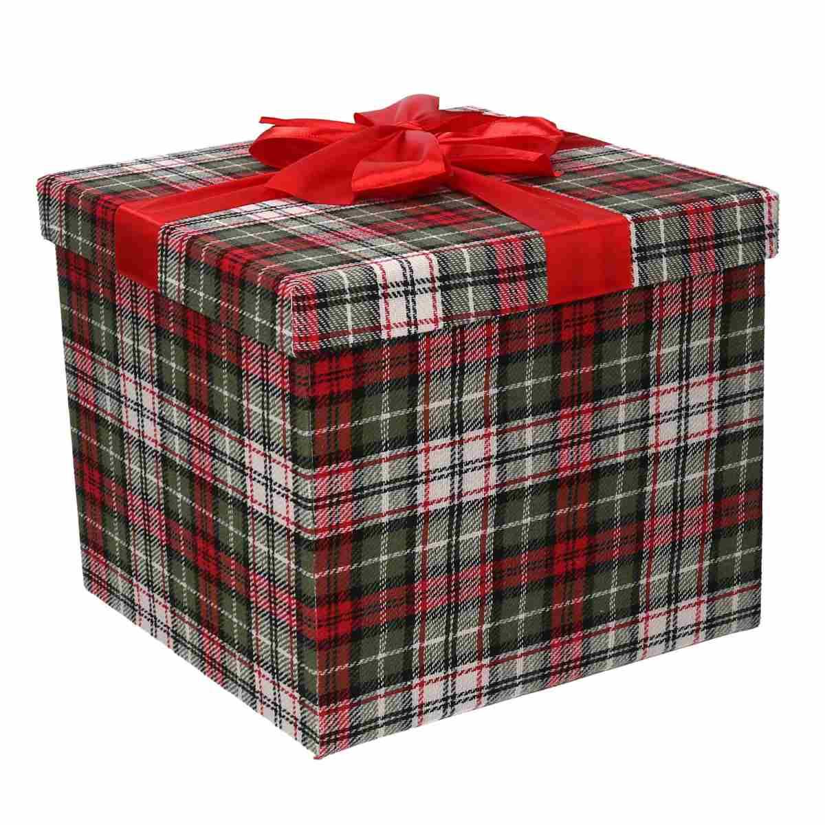 Scatola regalo natalizia cartone tartan verde rossa 25 x 25 x 21,5 cm