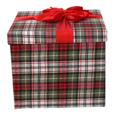 Scatola regalo natalizia cartone tartan verde rossa 25 x 25 x 21,5 cm