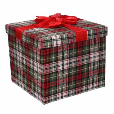 Scatola regalo natalizia cartone tartan verde rossa 27 x 27 x 25 cm