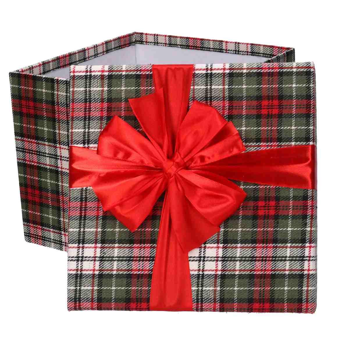 Scatola regalo natalizia cartone tartan verde rossa 30 x 30 x 28 cm