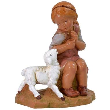 Statua presepe 30 cm bambina seduta agnello