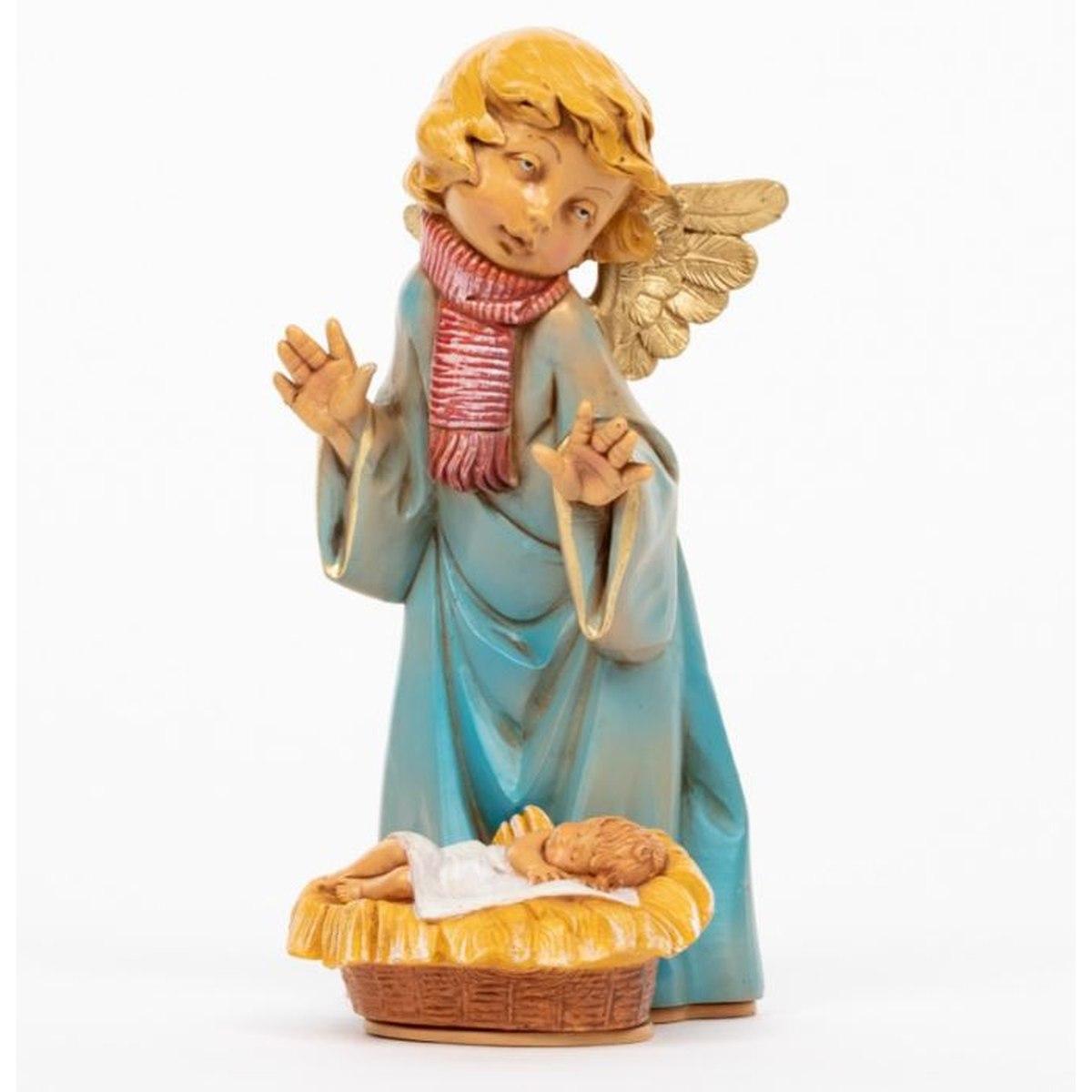 Statua presepe 20.5 cm angelo azzurro bambinello nella culla