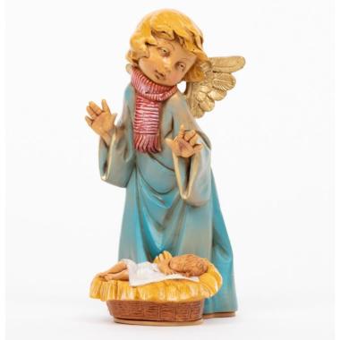 Statua presepe 20.5 cm angelo azzurro bambinello nella culla