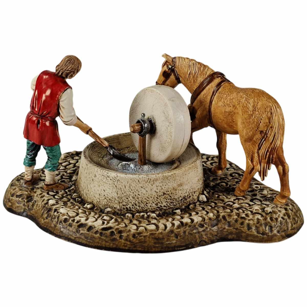 Statua presepe 10 cm gruppo pastore alla macina cavallo