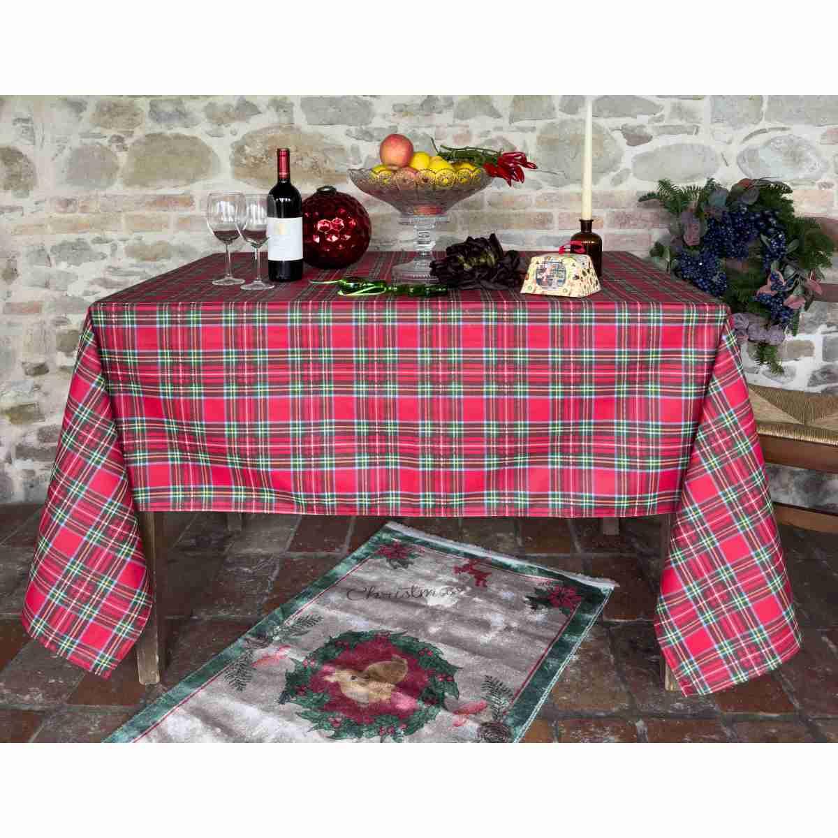 Tovaglia natalizia resinata fantasia tartan disponibile 3 colori verde 135 x 270 cm