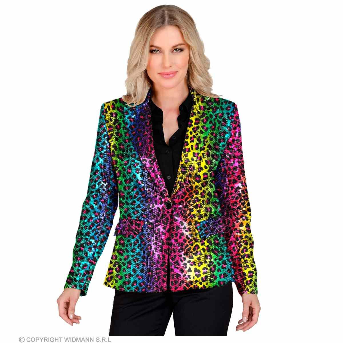 Giacca party disco animalier leopardata arcobaleno paillettes