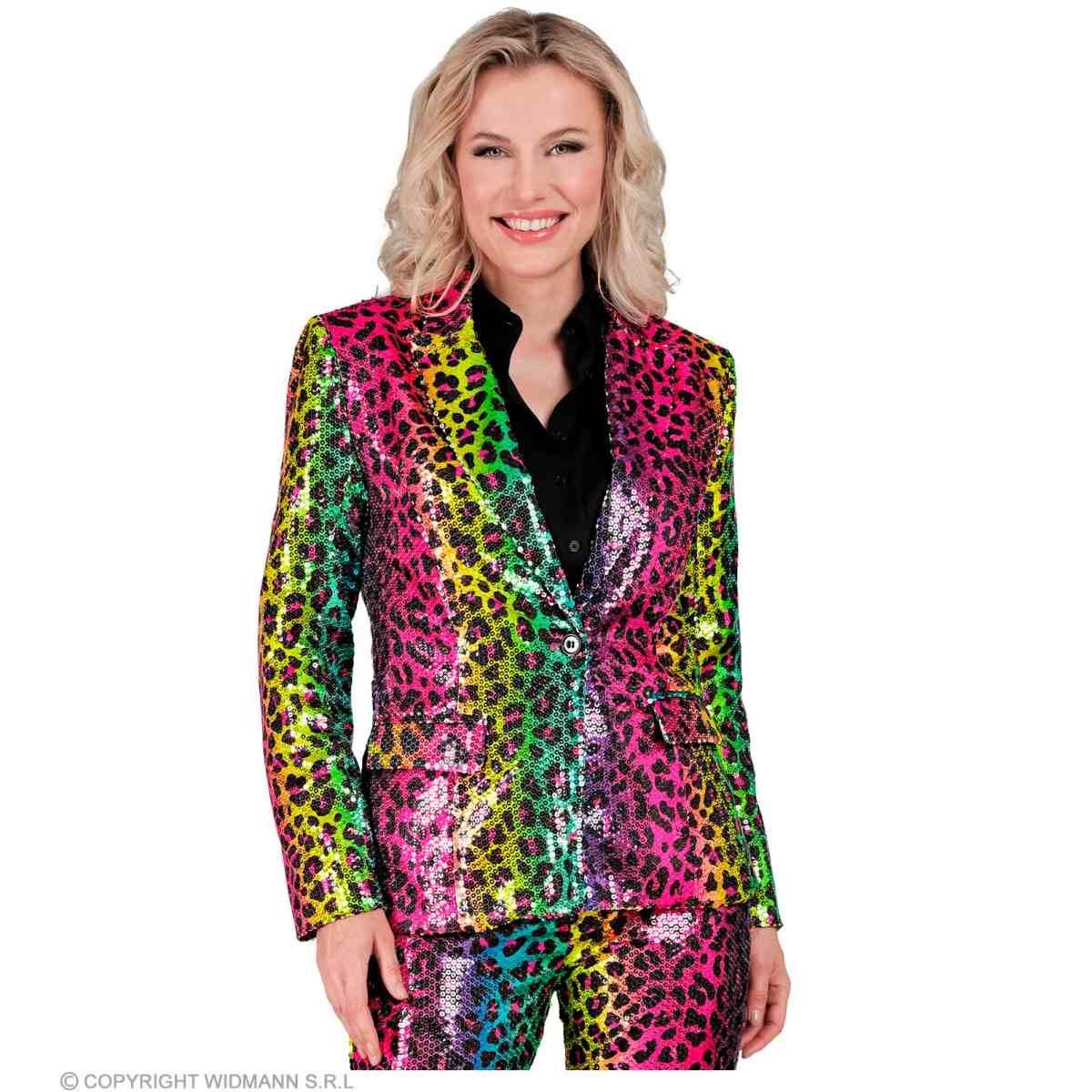 Giacca party disco animalier leopardata arcobaleno paillettes